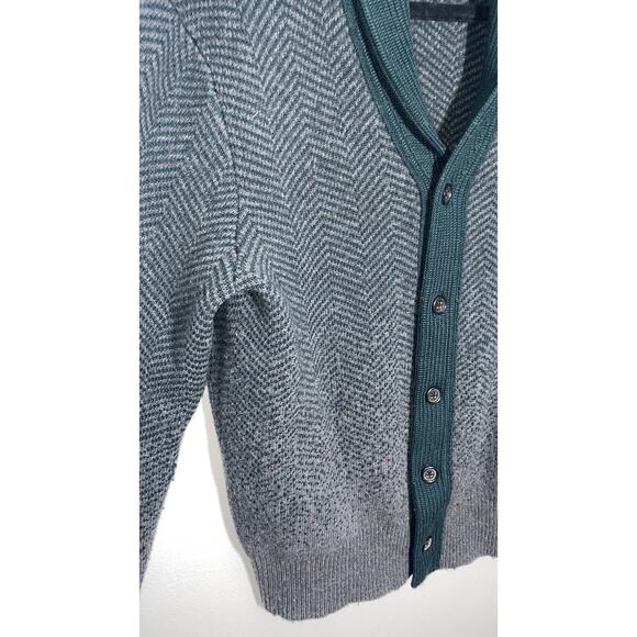 Banana Republic Cardigan Mens Large Navy Grey Ombré Print Wool Button Up Sweater - Picture 2 of 10